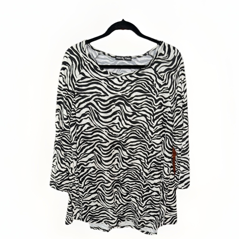 Kim &‎ Cami Zebra Print Scoop Neck Raglan Long Sleeve Top Black White 2X